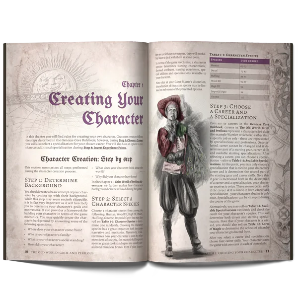 Rulebook spread: Chapter 1, Creating Your Character